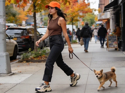 Eiza González impone estilo en Nueva York con jeans barrel y tenis de papá