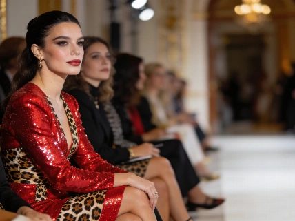 Isabel Preysler sorprende en el desfile de Redondo Brand con un vestido rojo de lentejuelas y leopardo